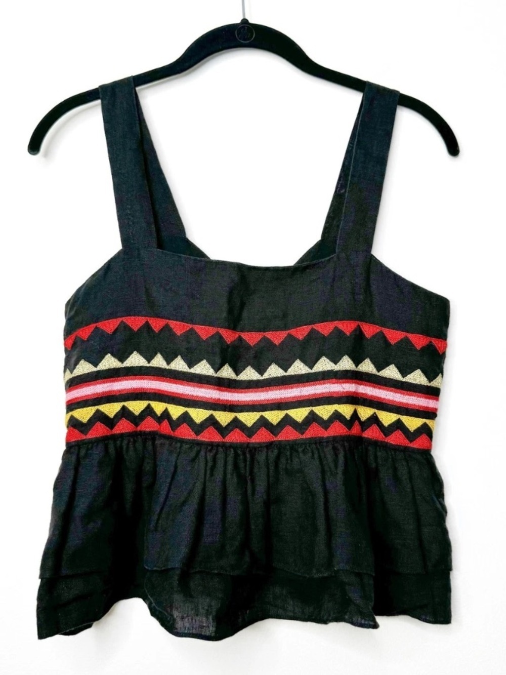 Carolina K Black Linen Embroidered Peplum Sleeveless Top Small